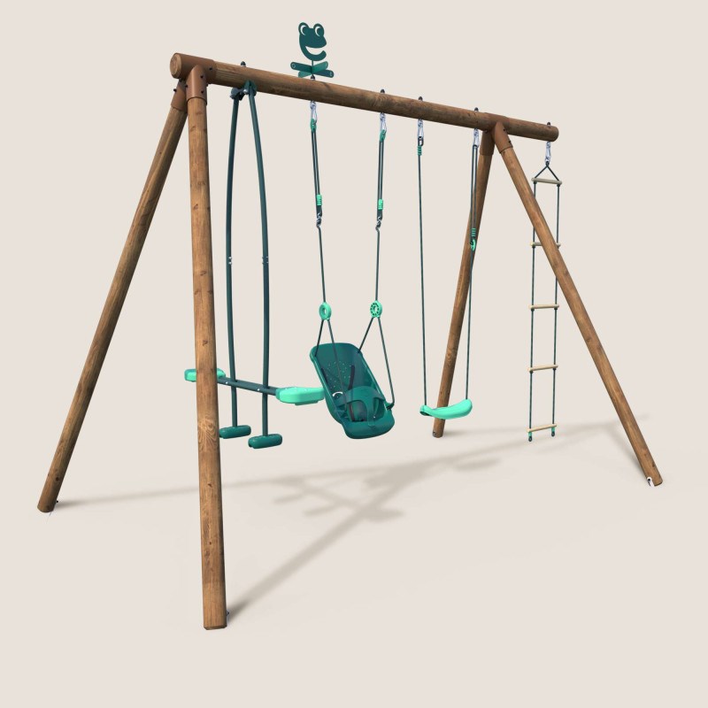 Portique en bois rond 4 agrès balançoire