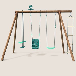 Portique en bois rond 4 agrès balançoire