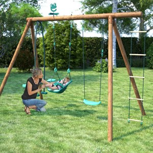Portique en bois rond 4 agrès balançoire