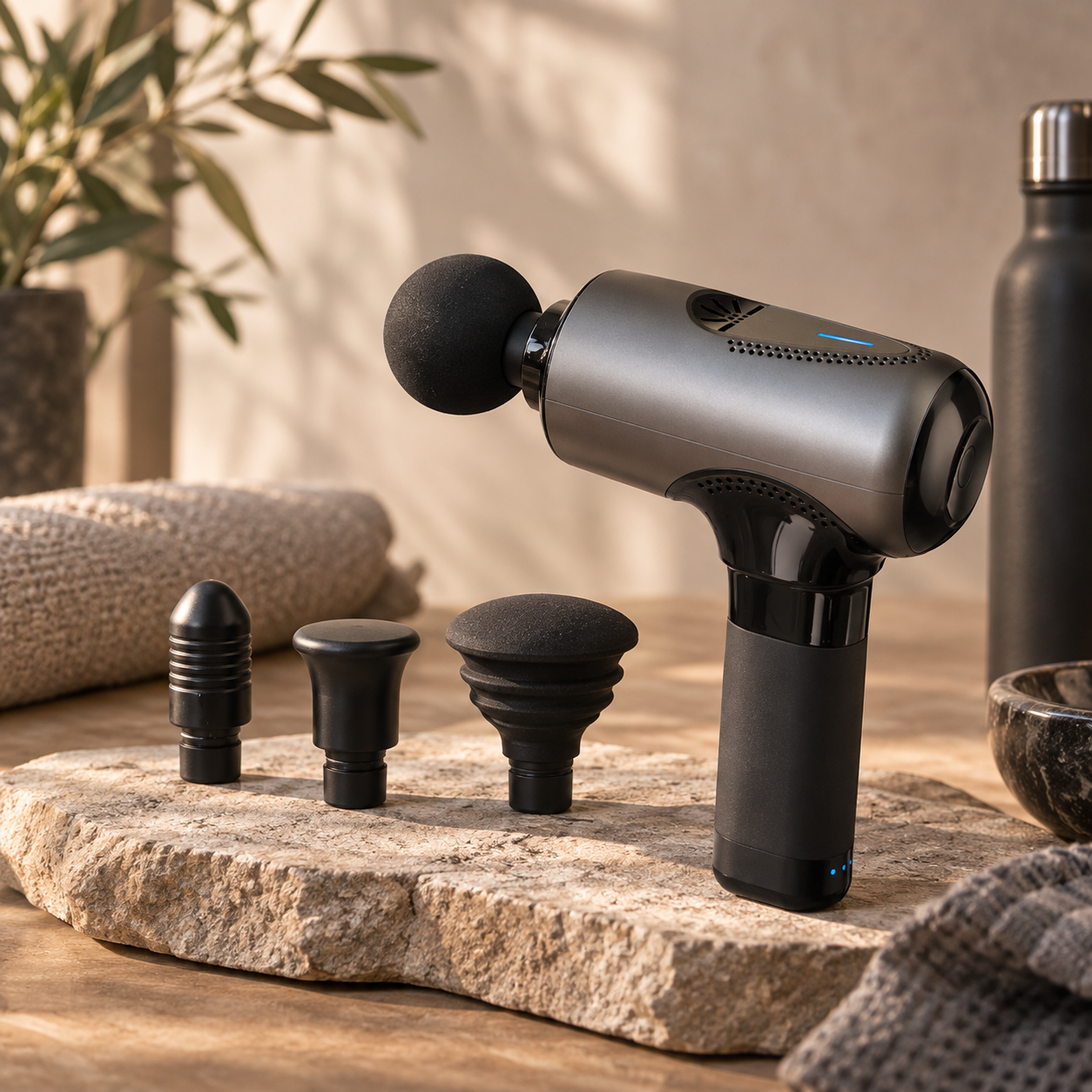 Pistolet De Massage Musculaire Rechargeable - 4 Têtes, Percussion, Noir - Pour Dos, Cou, Corps Entier