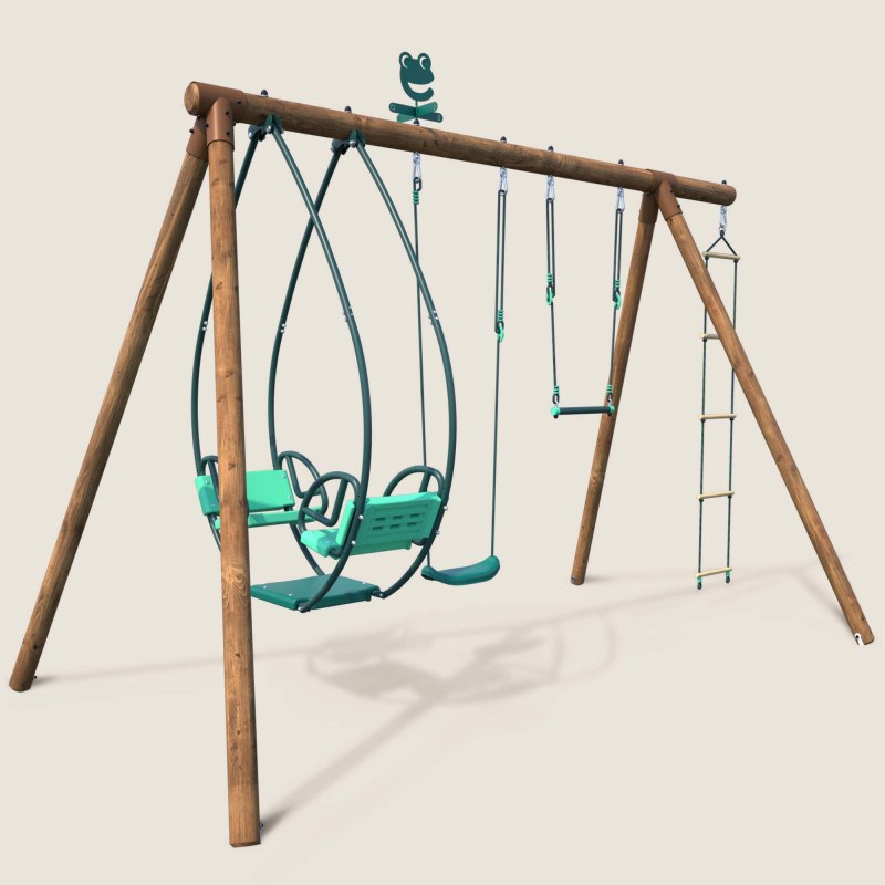 Portique en bois rond 4 agrès avec trapè