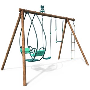 Portique en bois rond 4 agrès avec trapè