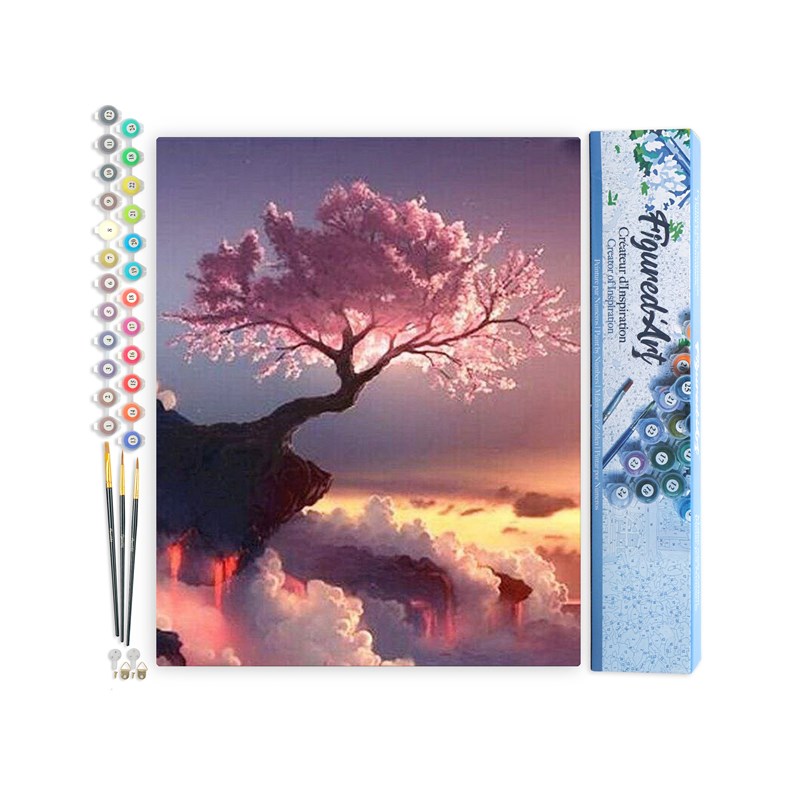 Peinture par numéro arbre rose et nuages