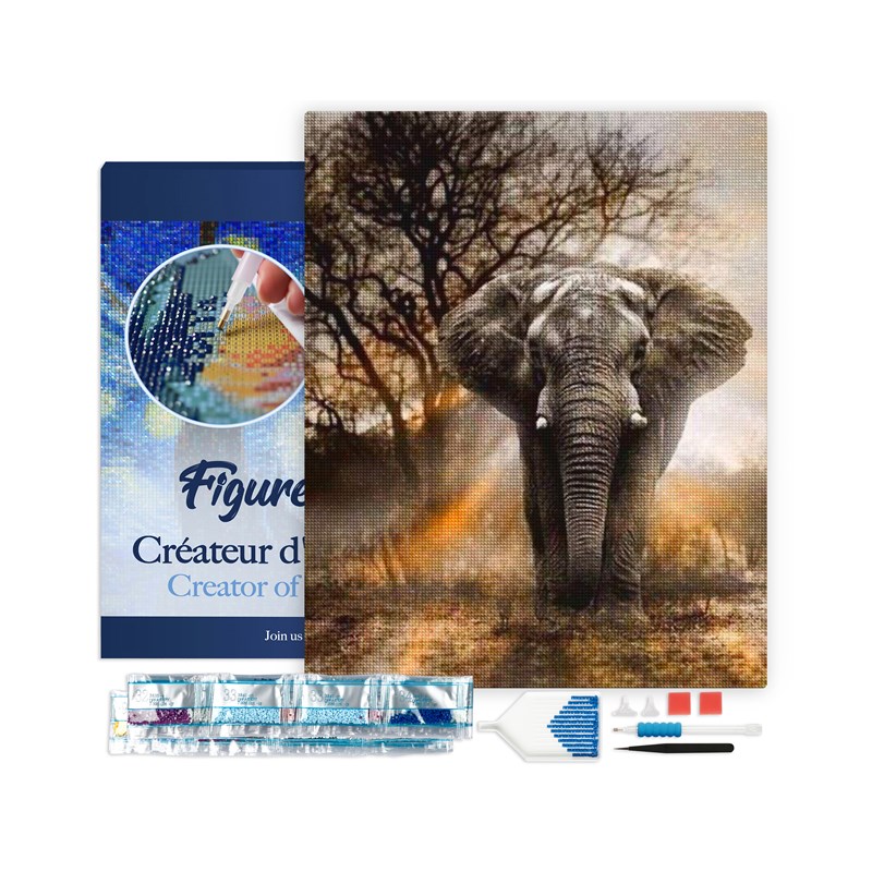 Broderie diamant eléphant dans la savane