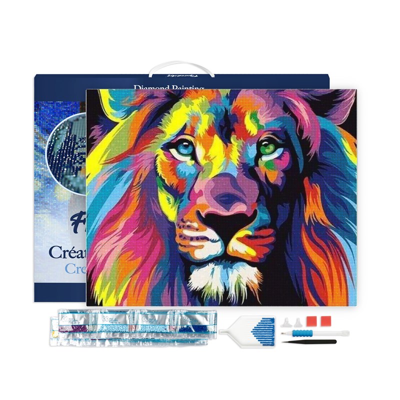 Broderie diamant en bois lion pop art