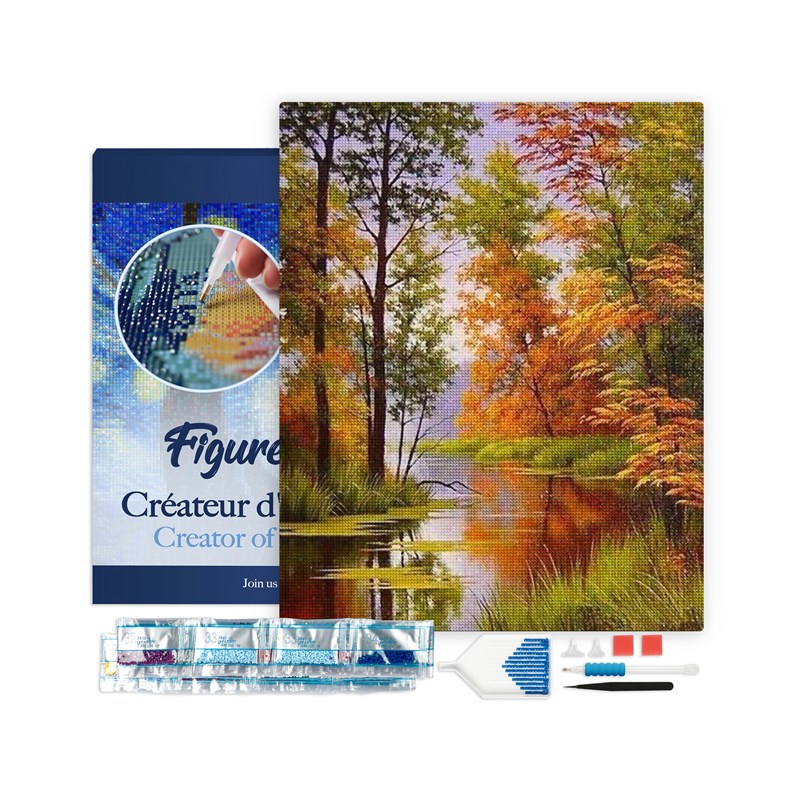 Broderie diamant lac en automne