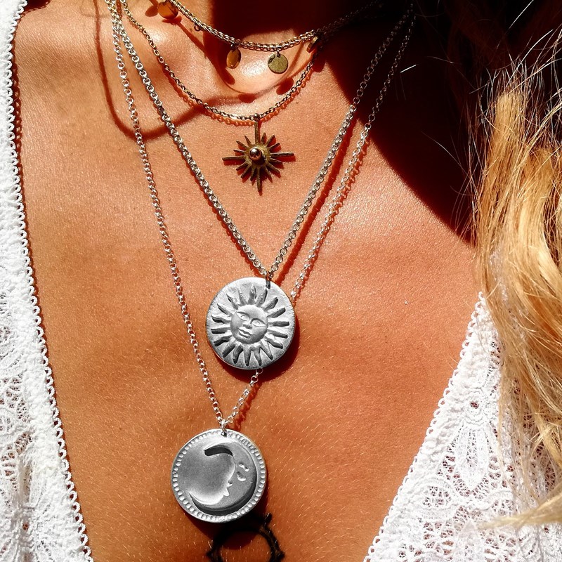 Collier soleil lune double face argent
