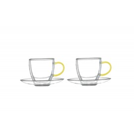 Tasses et sous-tasses double paroi anse jaune -  lot de 2