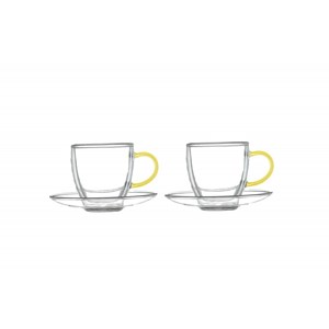 Tasses et sous-tasses double paroi anse jaune -  lot de 2