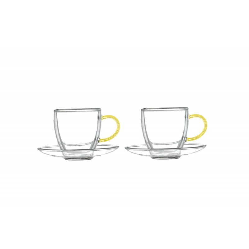 Tasses et sous-tasses double paroi anse jaune - lot de 2