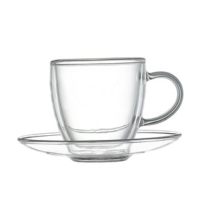 Tasses et sous-tasses double paroi anse jaune -  lot de 2