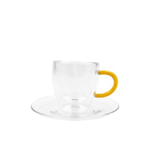 Tasses et sous-tasses double paroi anse jaune -  lot de 2