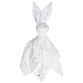 Doudou lapin  gaze jeanne blanc à pois