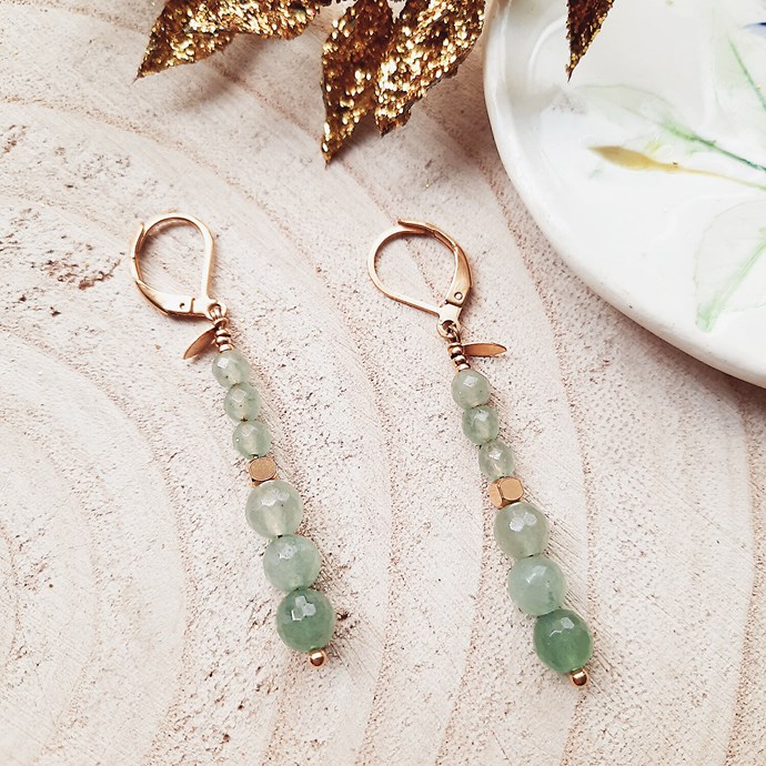 Boucles d'oreilles clou vert emeraude et aventurine en veritable verre de murano de venise