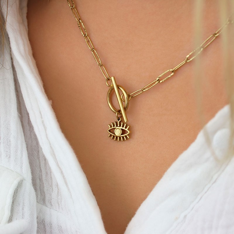 Collier acier doré et fermoir t oeil