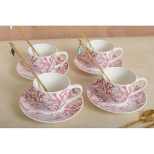 Tasses et sous-tasses corail - lot de 4