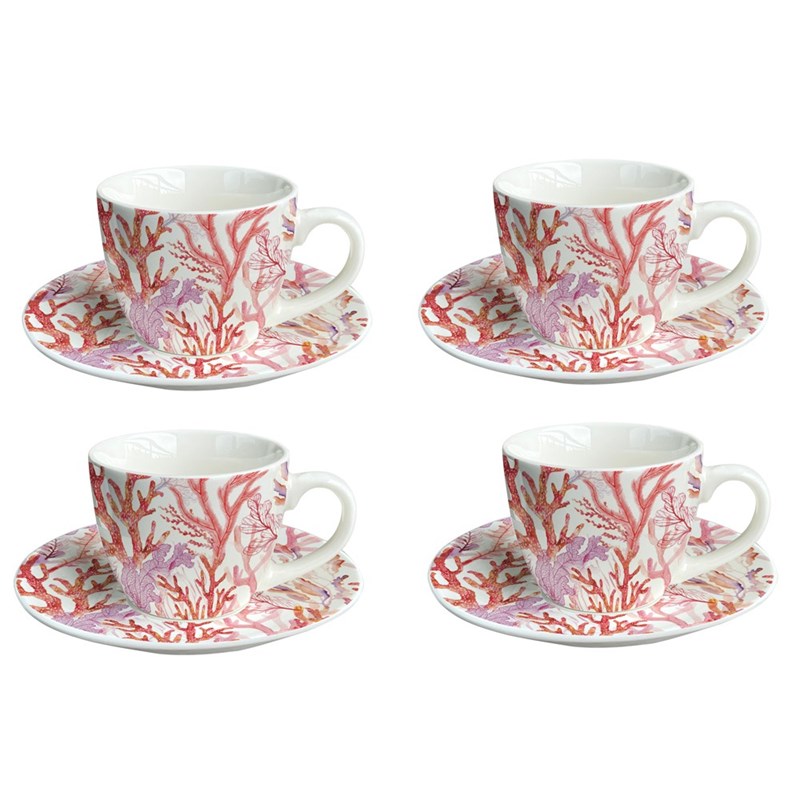 Tasses et sous-tasses corail - lot de 4
