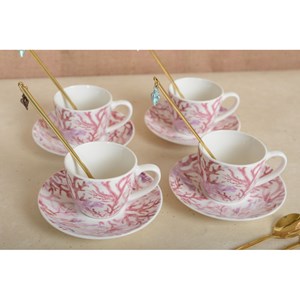 Tasses et sous-tasses corail - lot de 4
