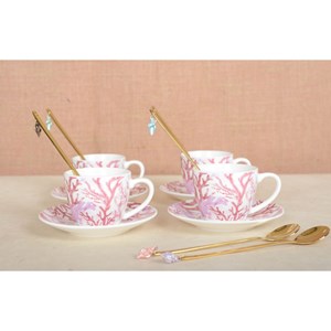 Tasses et sous-tasses corail - lot de 4