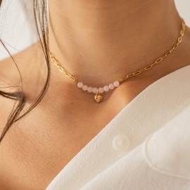 Collier coeur doré - quartz rose