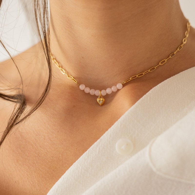 Collier coeur doré - quartz rose
