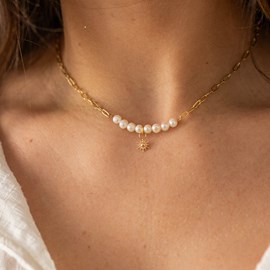 Collier doré perles - blanc