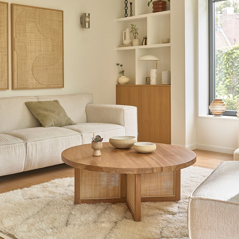 Table basse ronde en teck pied cannage