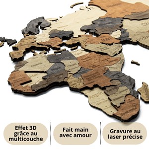 Carte du monde en bois 3d multicolor xl