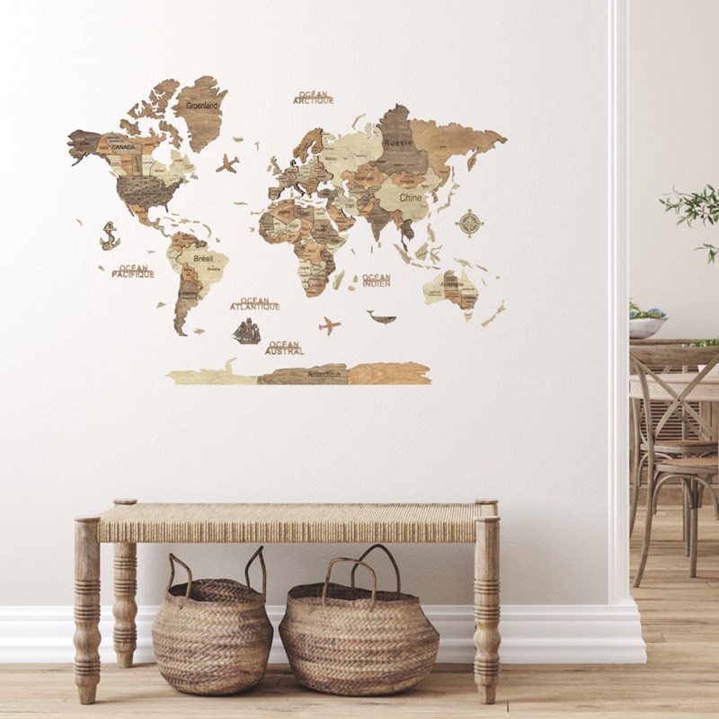 CreatifWood - Carte du monde en bois 3d foncée m