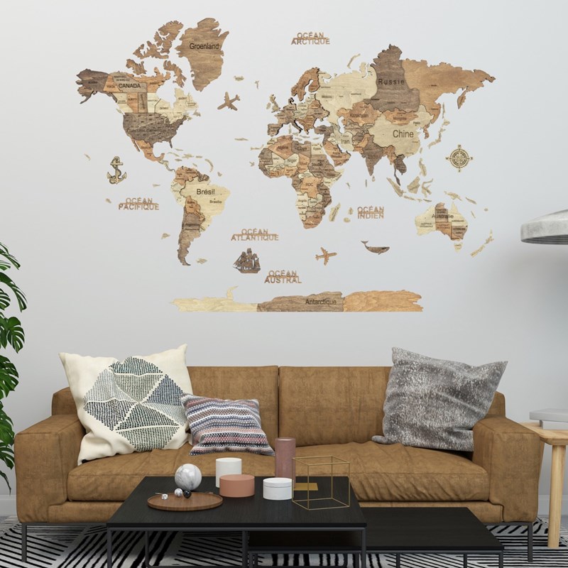 CreatifWood - Carte du monde en bois 3d foncée l