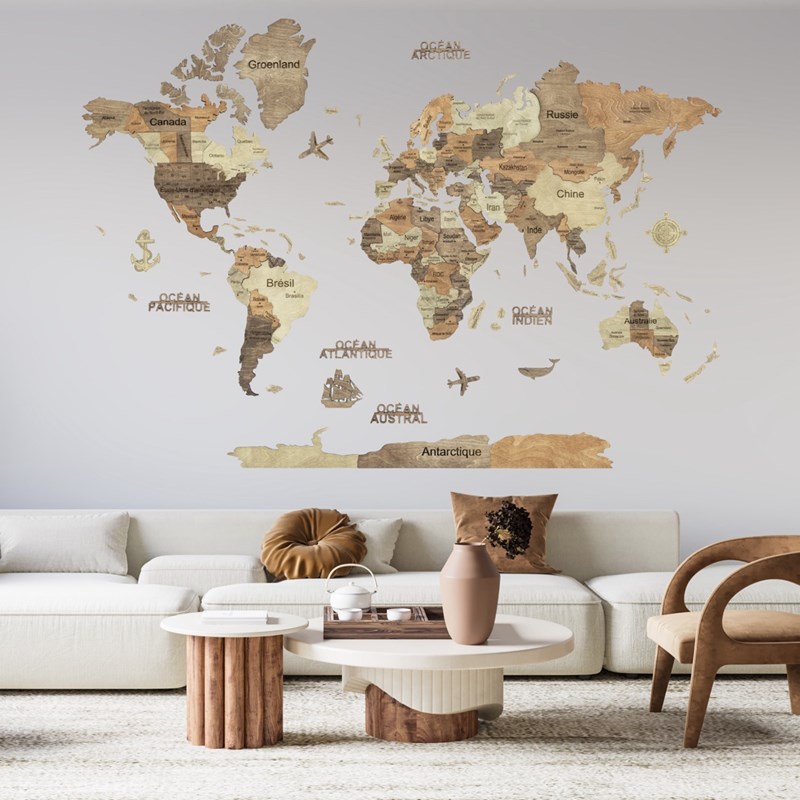 CreatifWood - Carte du monde en bois 3d foncée xl