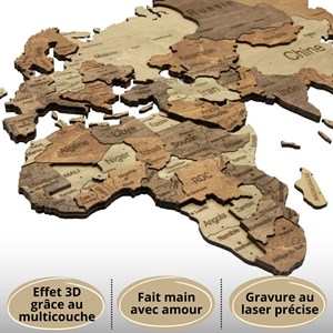 Carte du monde en bois 3d foncée xl