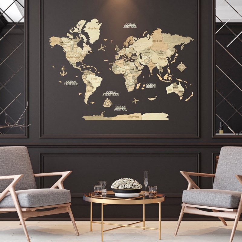CreatifWood - Carte du monde en bois 3d claire m