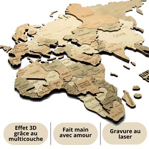 Carte du monde en bois 3d claire m