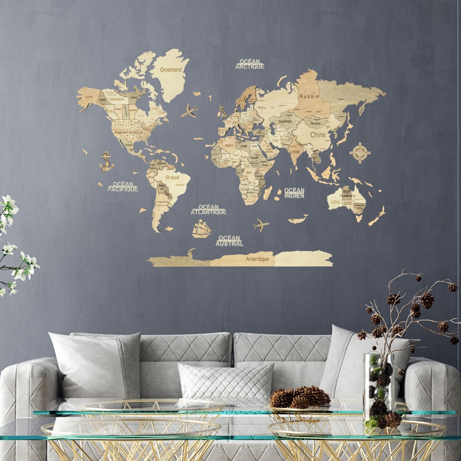 Carte Du Monde En Bois 3D Woodvio - Décoration Murale DIY - Taille Très Grande (213x113 Cm) - Contreplaqué Bouleau - 7