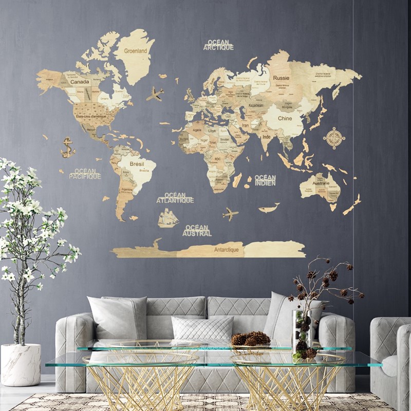 CreatifWood - Carte du monde en bois 3d claire xl