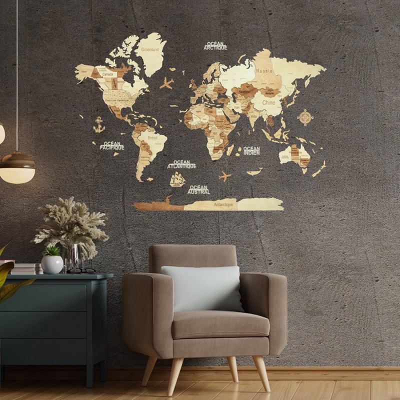 CreatifWood - Carte du monde en bois 3d ambrée m