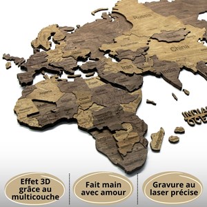 Carte du monde en bois 3d chocolate xl