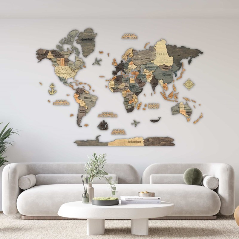 Carte du monde en bois 3d graphite l