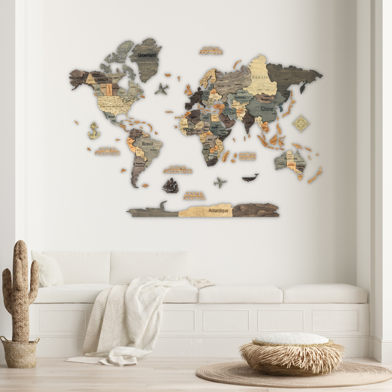 CreatifWood - Carte du monde en bois 3d graphite l