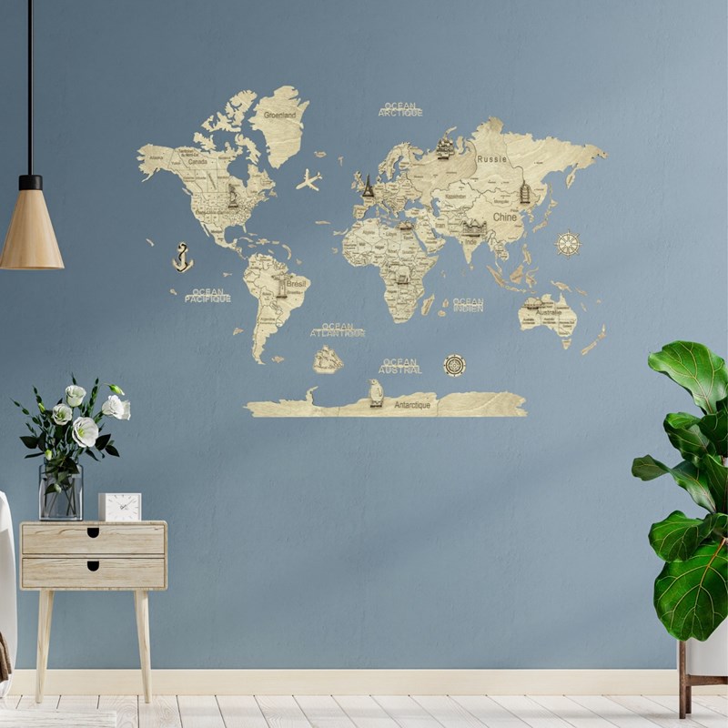 CreatifWood - Carte du monde en bois 2d claire s