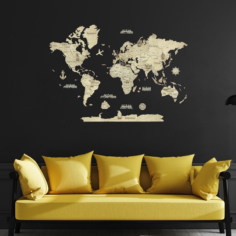 CreatifWood - Carte du monde en bois 2d claire m