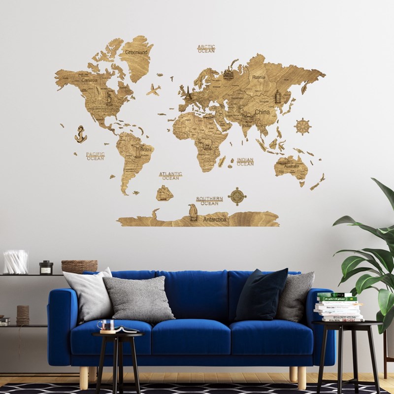 Carte du monde en bois 2d foncée l