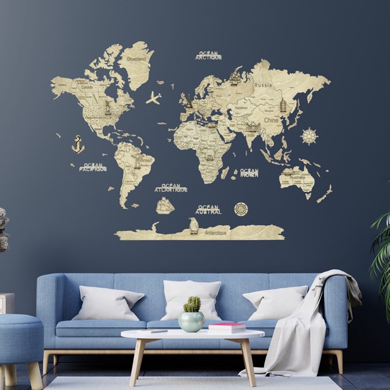 CreatifWood - Carte du monde en bois 2d claire l
