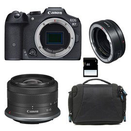 Canon eos r7 + rf-s 18-45mm f4.5-6.3 is stm + sac + carte sd 8 go + bague ef-eo