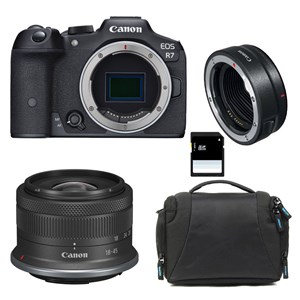 Canon eos r7 + rf-s 18-45mm f4.5-6.3 is stm + sac + carte sd 8 go + bague ef-eo
