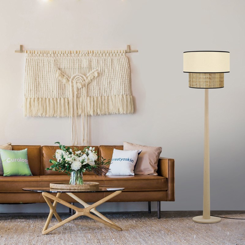 Tosel - Lampadaire bois et tissu beige 40cm
