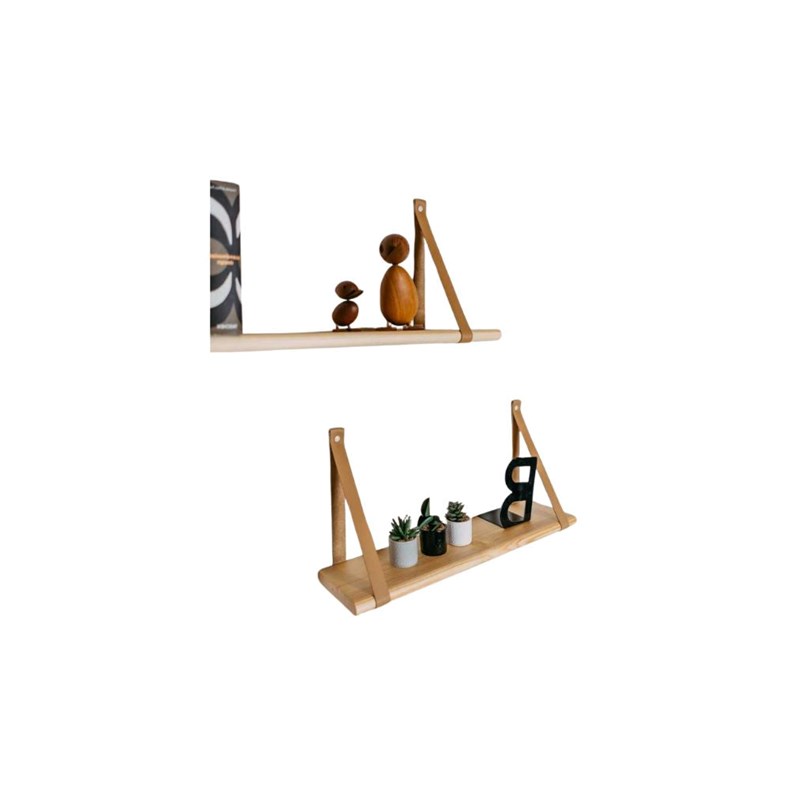 Étagère flottante bois sangle cuir 70cm