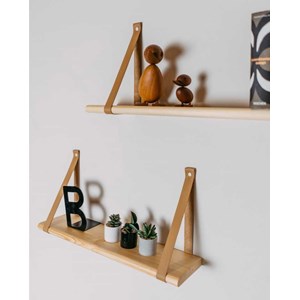 Étagère flottante bois sangle cuir 90cm