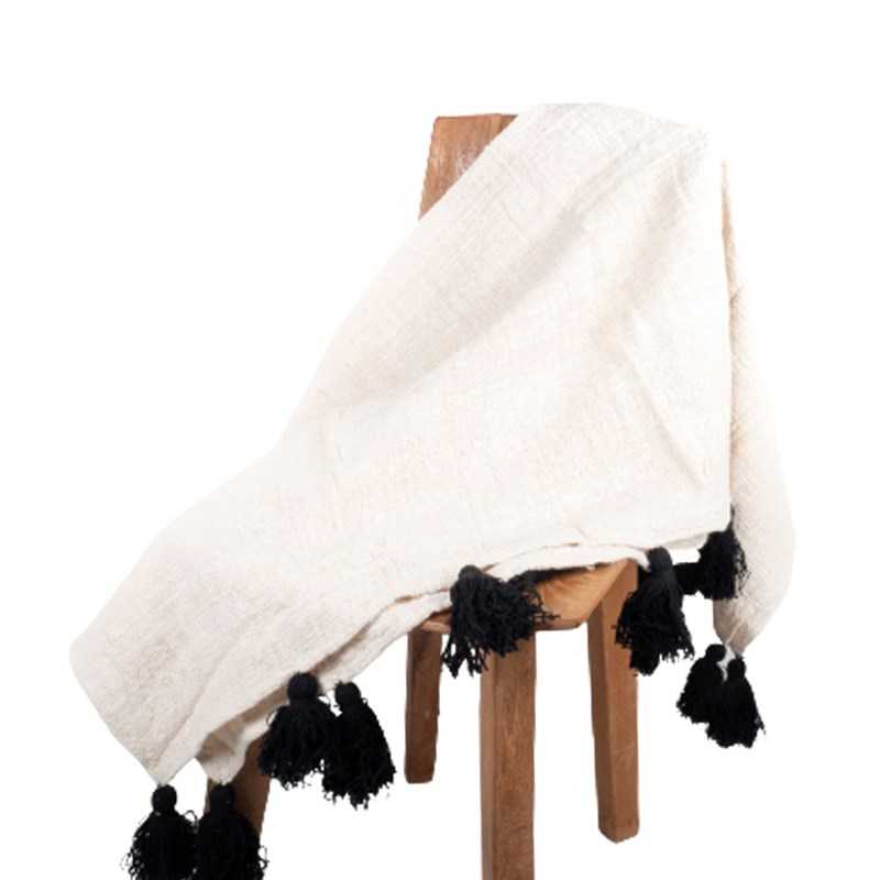 Sud Nomade - Plaid beige avec pompon noir 120*200